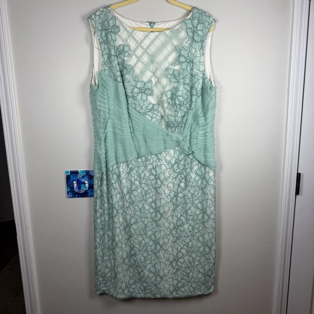 Tadashi Shoji EMBROIDERED TULLE PLEATED Lace Sheath Green Mint DRESS 18Q Easter